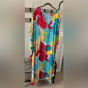 Natori Bora Bora Printed Caftan in Turquoise, Red, Yellow, Pink